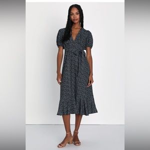 Lulus Midi Dress- Black Floral Puff Sleeve